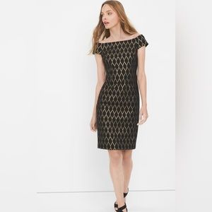 White House Black Market Off-The-Shoulder Black Jacquard Shift Dress
